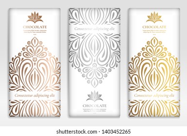 Silver and gold vintage set of chocolate bar packaging design. Vector luxury template with ornament elements. Can be used for background and wallpaper. Great for food and drink package types.