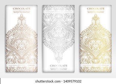 Silver and gold vintage set of chocolate bar packaging design. Vector luxury template with ornament elements. Can be used for background and wallpaper. Great for food and drink package types.