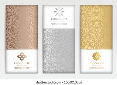 Silver and gold vintage set of chocolate bar packaging design. Vector luxury template with ornament elements. Can be used for background and wallpaper. Great for food and drink package types.