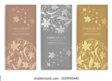 Silver and gold vintage set of chocolate bar packaging design. Vector luxury template with ornament elements. Can be used for background and wallpaper. Great for food and drink package types.