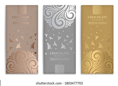 Silver and gold vintage set of chocolate bar packaging design. Vector luxury template with ornament elements. Can be used for background and wallpaper. Great for food and drink package types.