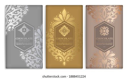 Silver and gold vintage set of chocolate bar packaging design. Vector luxury template with ornament elements. Can be used for background and wallpaper. Great for food and drink package types.