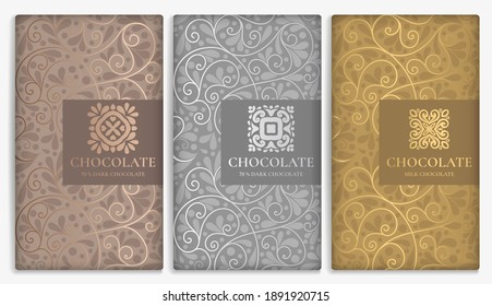 Silver and gold vintage set of chocolate bar packaging design. Vector luxury template with ornament elements. Can be used for background and wallpaper. Great for food and drink package types.