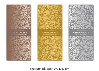 Silver and gold vintage set of chocolate bar packaging design. Vector luxury template with ornament elements. Can be used for background and wallpaper. Great for food and drink package types.