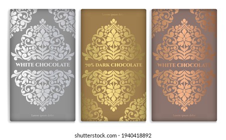 Silver and gold vintage set of chocolate bar packaging design. Vector luxury template with ornament elements. Can be used for background and wallpaper. Great for food and drink package types.