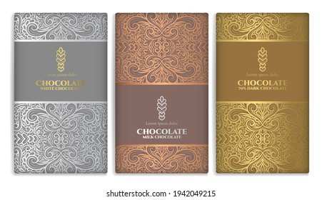 Conjunto de envases de barras de chocolate con colección de color plata y oro. Plantilla de lujo vectorial con elementos ornamentales. Se puede usar para fondo y fondo de pantalla. Ideal para los paquetes de comida y bebida.