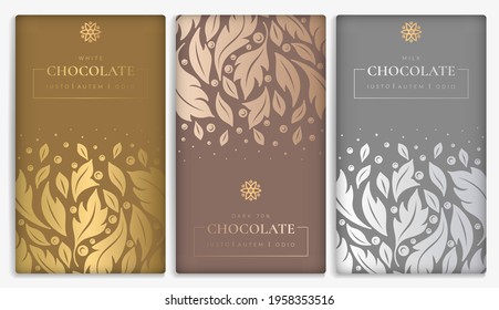 Silver and gold vintage set of chocolate bar packaging design. Vector luxury template with ornament elements. Can be used for background and wallpaper. Great for food and drink package types.