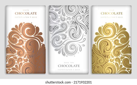 Silver and gold vintage set of chocolate bar packaging design. Vector luxury template with ornament elements. Can be used for background and wallpaper. Great for food and drink package types.