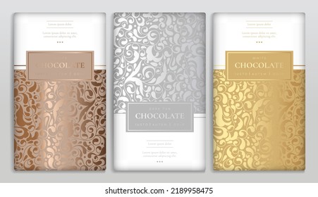 Conjunto de envases de barras de chocolate con colección de color plata y oro. Plantilla de lujo vectorial con elementos ornamentales. Se puede usar para fondo y fondo de pantalla. Ideal para los paquetes de comida y bebida.