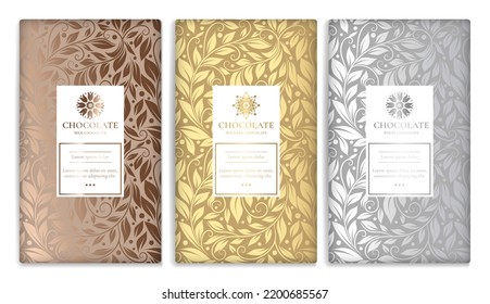 Silver and gold vintage set of chocolate bar packaging design. Vector luxury template with ornament elements. Can be used for background and wallpaper. Great for food and drink package types.