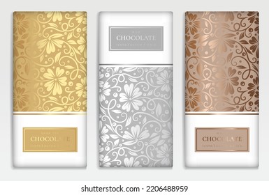 Silver and gold vintage set of chocolate bar packaging design. Vector luxury template with ornament elements. Can be used for background and wallpaper. Great for food and drink package types.