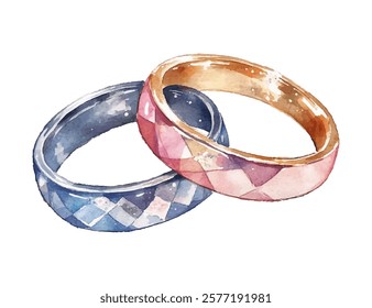 Silver and gold wedding rings vector illustration. One for wife or bride and one for husband or groom  engagement or wedding rings in watercolor style.