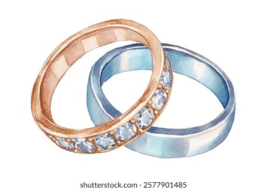 Silver and gold wedding rings vector illustration. One for wife or bride and one for husband or groom  engagement or wedding rings in watercolor style. Gold rign with diamonds