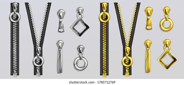 Silver and gold zippers with different shapes pullers isolated on gray background. Vector realistic set of open and closed metal zip fasteners and sliders for clothes and accessories