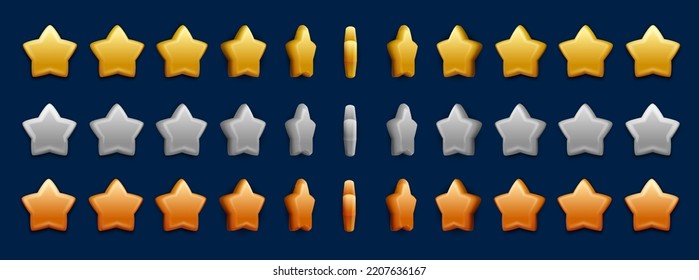 Silver, Golden, Bronze Star Rotate. Animated Game Sprite Sheet Of Vector 3d Rate Stars. Video Game Animation Effect With Spinning Winner Award, Bonus And Ranking Medal Sequence Frame, Gui Assets