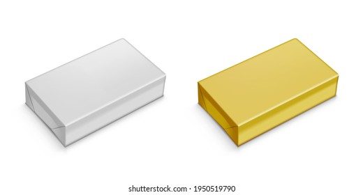 Silver And Golden Butter Or Soup Paper Wrap Box Package Isolated On White Background. EPS10 Vector