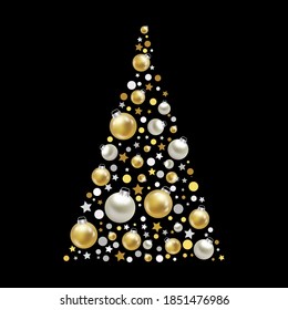 Silver golden Christmas tree decorations, stars, balls. Winter vacation. Vector illustration EPS10.
