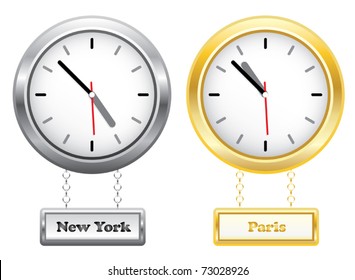 Silver and golden clocks showing time in New York and Paris - different time zones - vector illustration