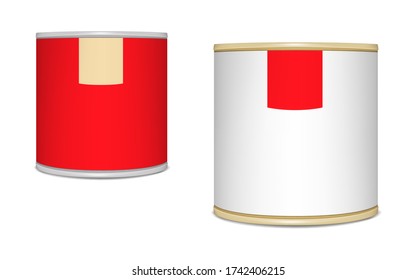 Silver and golden colored round tin can with paper label, vector mockup. Canned food cylinder container packaging, template.