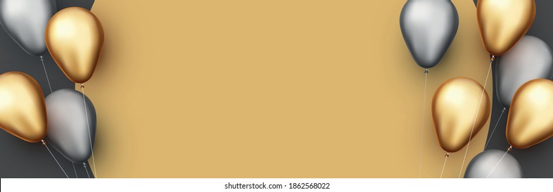 Silver and golden foil balloons with threads on yellow round background with black. Space for text. Vector festive illustration.