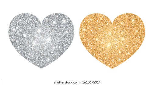 Silver and golden glitter hearts. Valentine's day design. Vector illustration on white background.