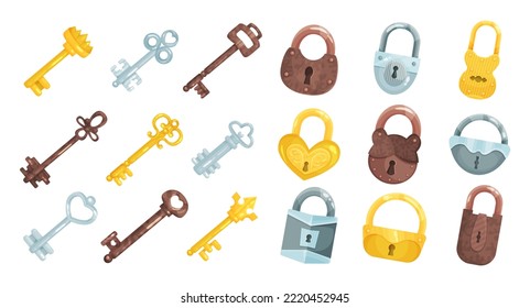 Silver and Golden Key and Lock as Device for Closing and Opening Door Vector Set