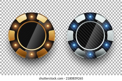 Silver and golden poker chip black carbon texture vector casino logo isolated on transparent background. Futuristic poker tournament or club luxury emblem with yellow blue LED light bulbs