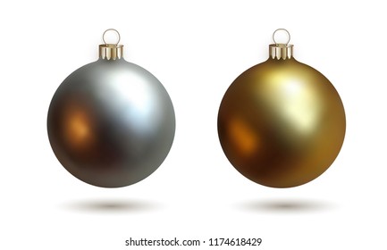 Silver and golden realistic Christmas balls, set of isolated objects on white background for New Year design. Vector illustration EPS 10