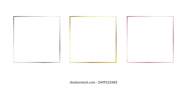 Silver, golden and rose gold thin frames. Set of shiny square borders in art deco style. Thin line glowing grey, yellow and pink boarder element collection. Vector bundle for Christmas, birthday decor