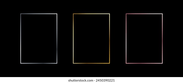 Marcos finos de plata, oro y oro rosa. Conjunto de bordes de rectángulo art deco brillante. Línea fina brillante gris, amarillo y rosa colección de elementos de borde. Paquete de Vector para Navidades, paquete de decoración de cumpleaños