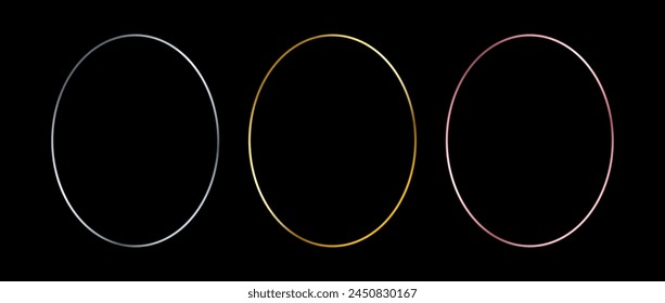 Silver, golden and rose gold thin oval frames. Art deco shiny ellipse borders set. Thin line glowing grey, yellow and pink boarder element collection. Vector bundle for Christmas, birthday decor