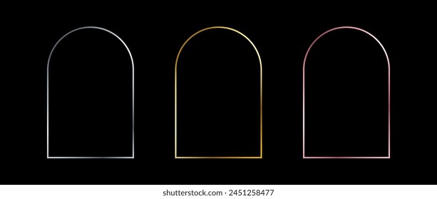 Marcos de arco finos de plata, oro y oro rosa. Conjunto de bordes de arco brillante Art deco. Línea fina brillante gris, amarillo y rosa curvada colección de elementos de borde. Paquete de Vector para Navidades, decoración de cumpleaños