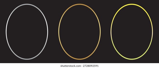 Monturas ovaladas finas de plata, oro y oro rosa. Conjunto de bordes de elipse brillantes art déco. Línea delgada que brilla intensamente gris, amarillo y rosa elemento de la colección, decoración de cumpleaños. Vector. Eps10