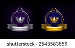 Silver and golden royal awards set isolated on black background. Vector realistic illustration of sparkling laurel wreath and ribbon, luxury crown and sparkles in air, game champion, elite club sign