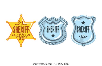 Silver and Golden Sheriff Badges Set, Police Badges Cartoon Style Vector Illustration