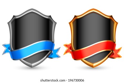 Silver and golden shields with blue and red ribbons.