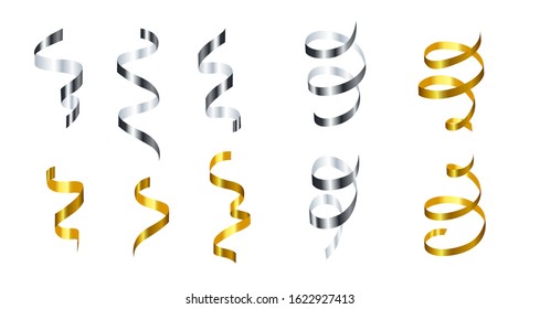 Silver and golden spiral ribbons festive set vector illustration. Decoration for banner, invitation, greeting cards with grey and yellow falling streamers flat style concept. Isolated on white