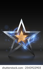 Silver and golden star shapes with lightning effects