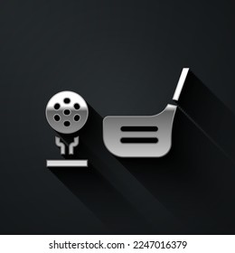 Silver Golf flag and golf ball on tee icon isolated on black background. Golf equipment or accessory. Long shadow style. Vector