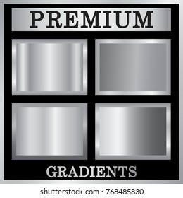 Silver gradient backgrounds set. Silver design texture for ribbon, frame, banner. Abstract silver gradient template. Metal steel plate. Metallic chrome pattern collection Vector illustration