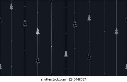 Silver gradient Christmas trees on black background with stripes. Winter abstract seamless background 2026 - 2027.