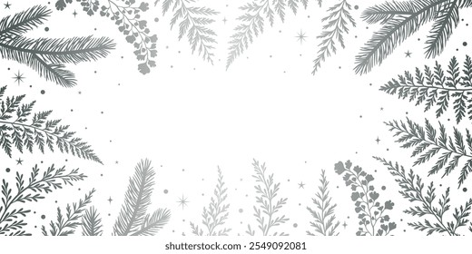 Silver gradient foliage illustration vector frame, elegant holiday banner design, isolated