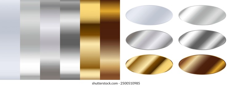 Silver gradient, gold gradient and bronze gradient. Set of vector metallic gradients and oval stickers