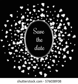 Silver gradient hearts random confetti invitation card template. Shiny gradient on black background. Perfect for greeting card, banners, decoration, rich soft metal silver backdrop with place for text