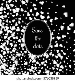 Silver gradient hearts random confetti invitation card template. Shiny gradient on black background. Perfect for greeting card, banners, decoration, rich soft metal silver backdrop with place for text