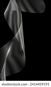 Silver Gradient Line Effect on black background. Dark Abstract template with Glowing Wave. Shiny moving lines design element. Modern platinum flowing wave lines. Vector Futuristic technology concept