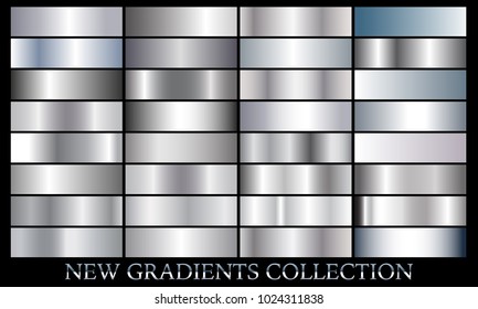 Silver gradient set background vector icon texture metallic illustration for frame, ribbon, banner, coin and label. Realistic abstract golden design seamless pattern. Elegant light shine template