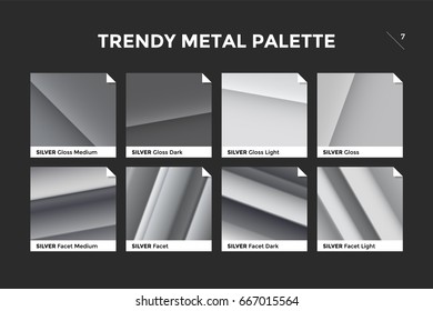 Silver gradient template. Collection palette of silver metallic gradient swatches with gloss for backgrounds, textures. Set of realistic steel metallic palettes, vector icons. Vector Illustration