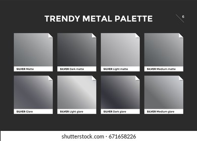 Silver gradient template  Collection palette silver metallic gradient swatches and gloss for backgrounds  textures  Set realistic steel metallic palettes  vector icons  Vector Illustration
