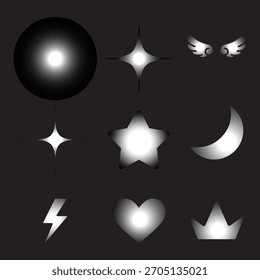 Silver gradient Y2K light effect icons set featuring glowing stars, wings, and hearts for futuristic design overlays